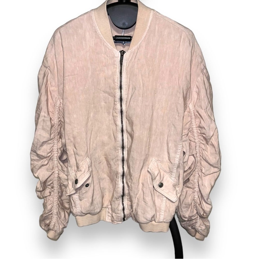 Free People Jacket Women Small Bomber Ruched Oversized Slouchy Linen Xs - Picture 2 of 7